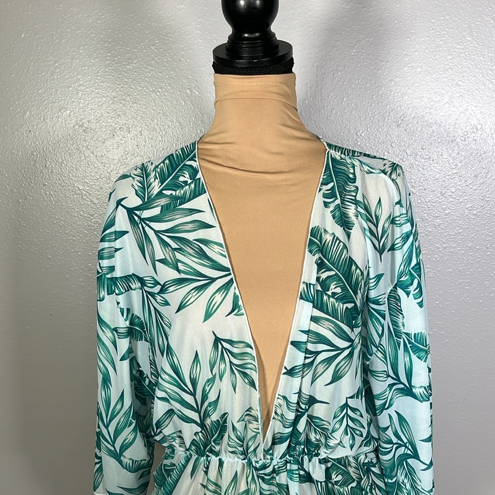 tropical leaf print mesh plunge swimsuit cover up romper L | Miami resortwear - Picture 5 of 9